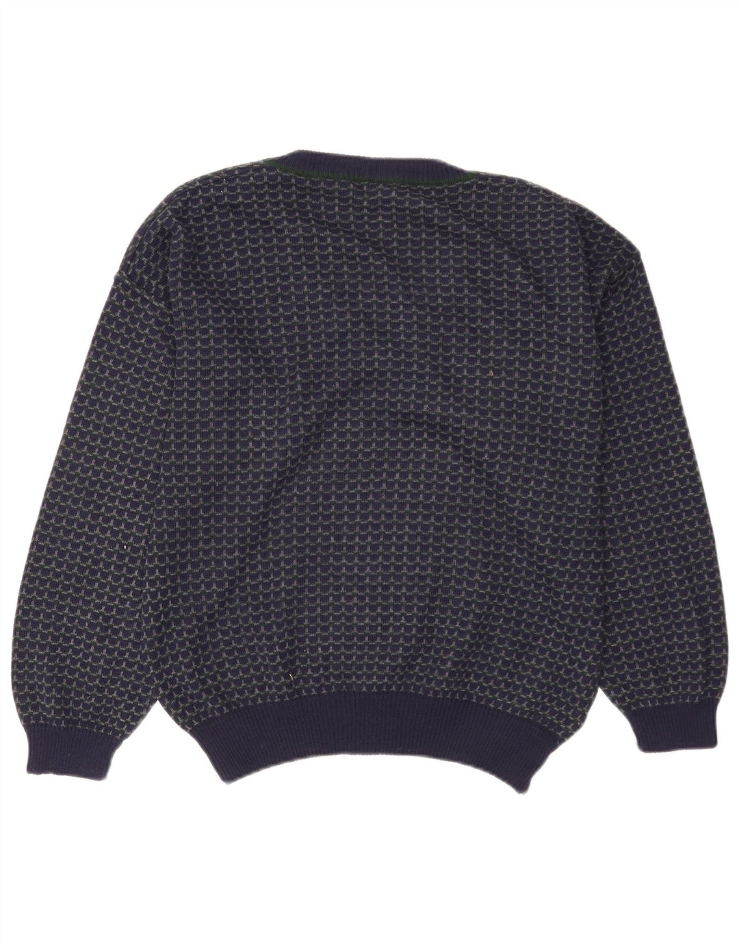Pulover vintage pentru bărbați cu decolteu în V, mare, lână geometrică, albastru