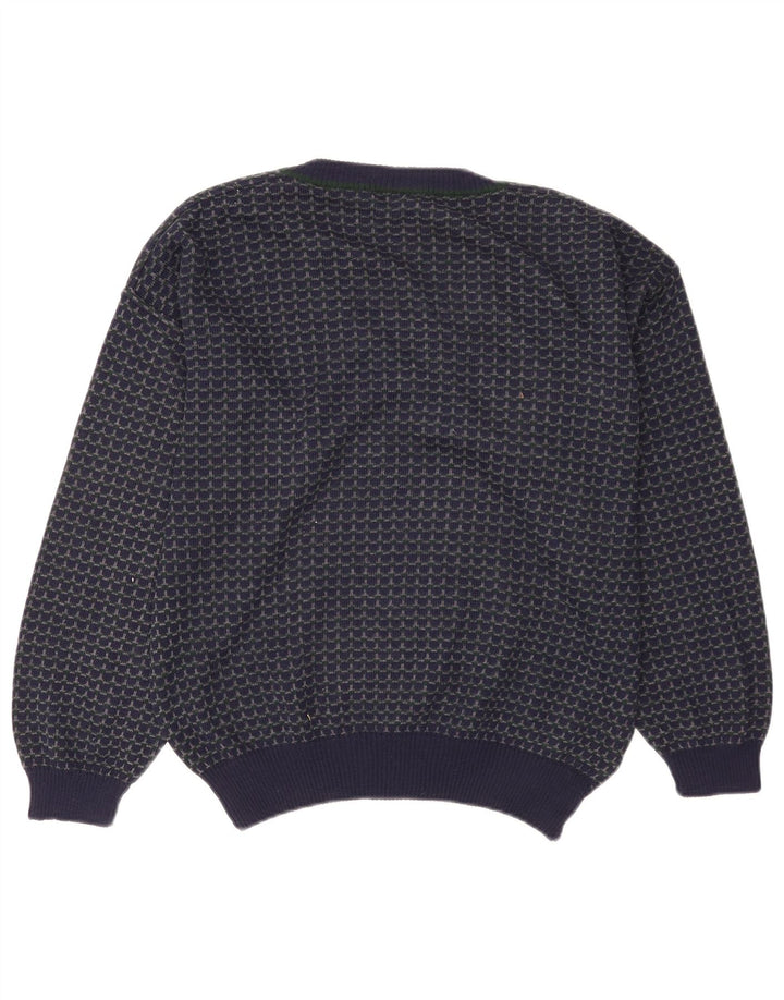 Pulover vintage pentru bărbați cu decolteu în V, mare, lână geometrică, albastru