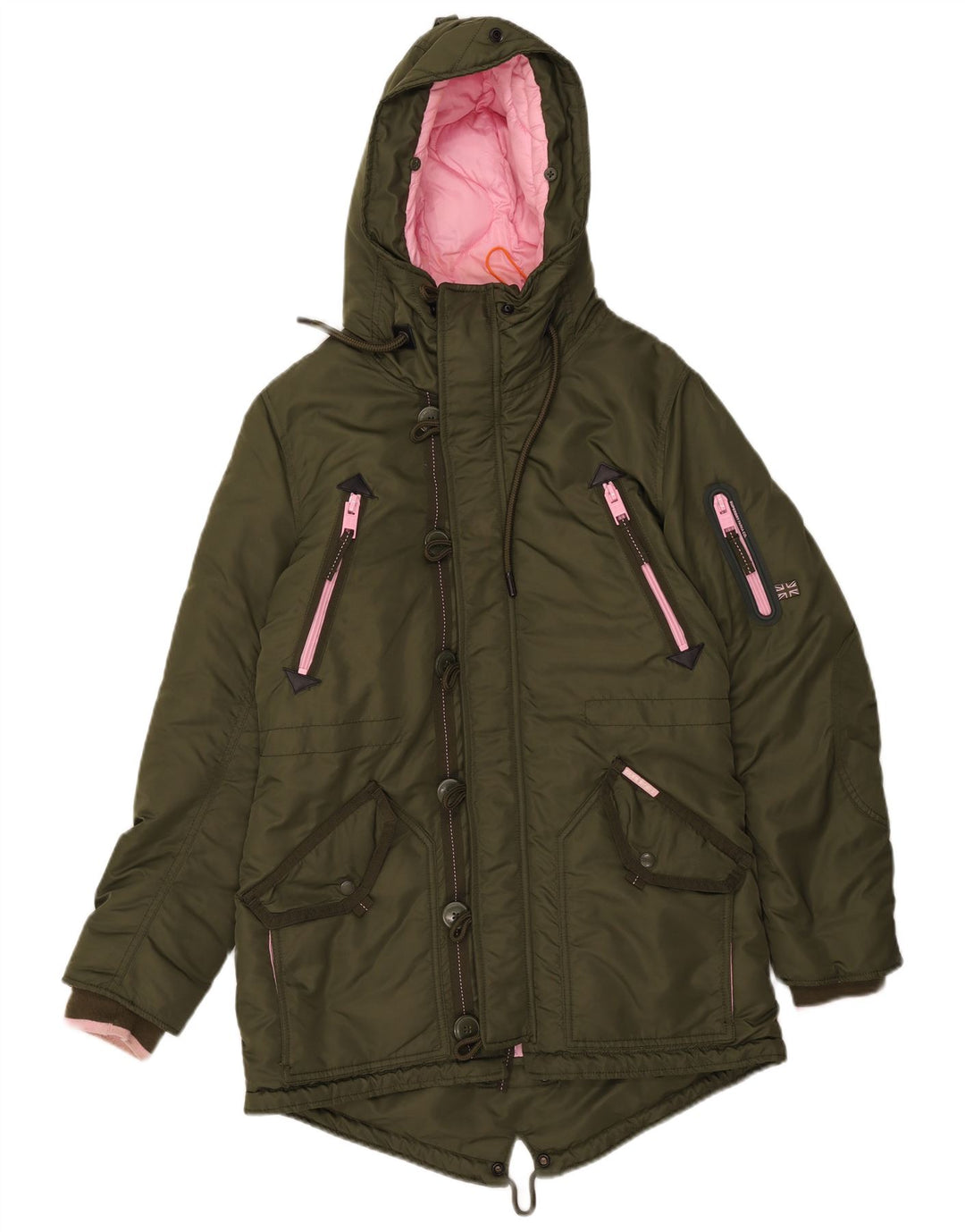 SUPERDRY Womens Hooded Padded Coat UK 14 Medium Khaki Nylon