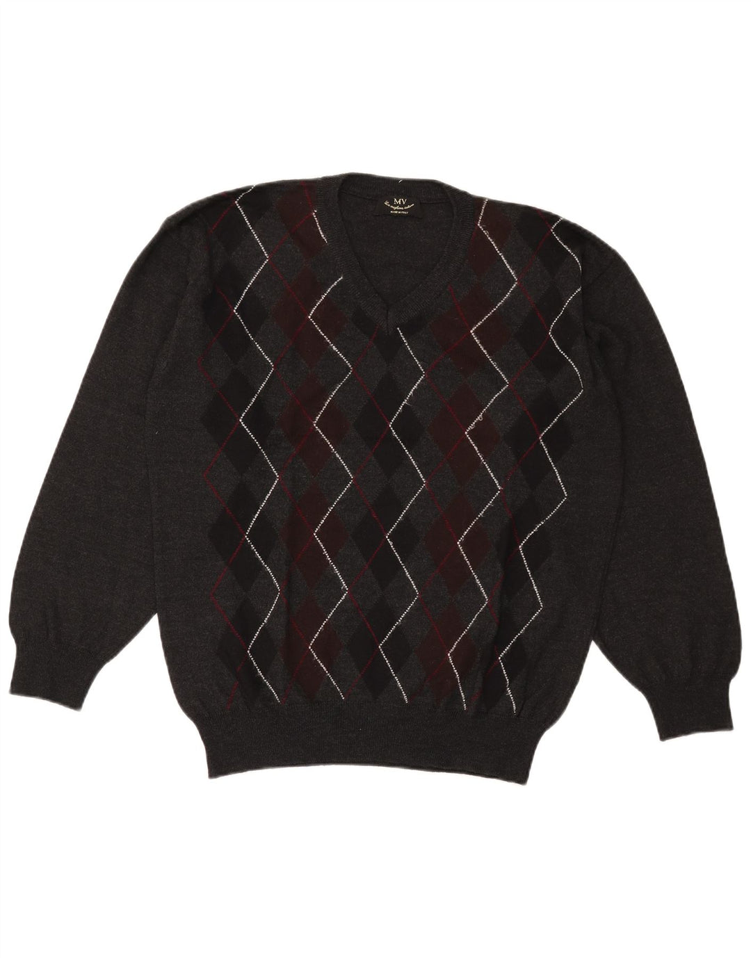 Pulover vintage pentru bărbați cu decolteu în V, XL, gri Argyle/Lână diamant