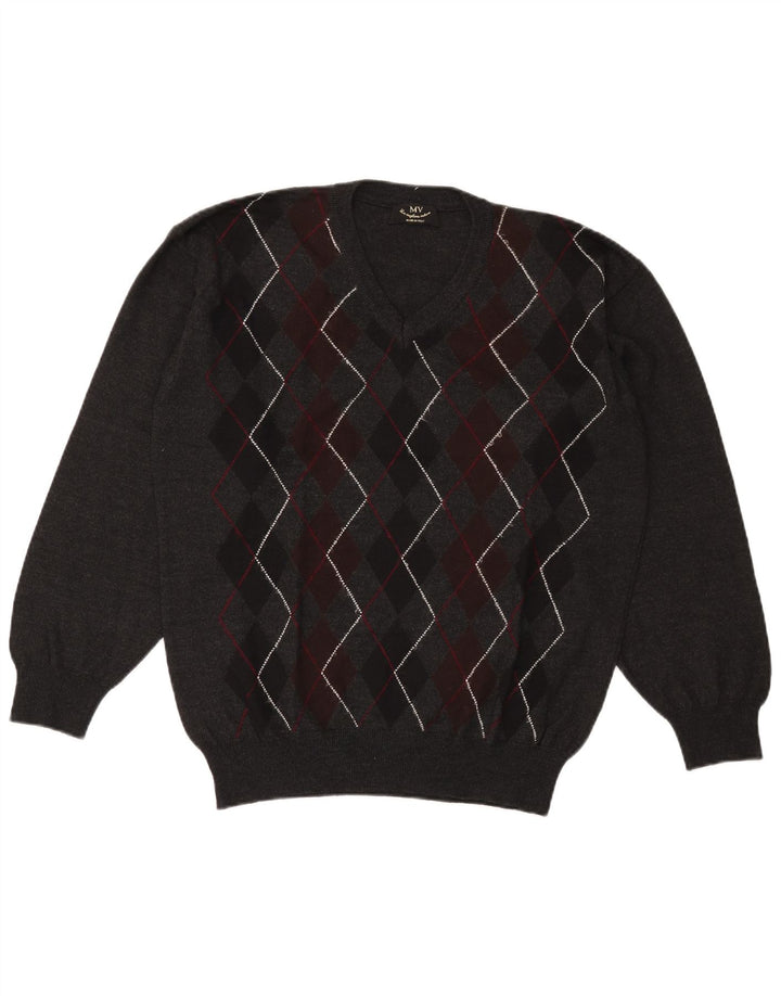 Pulover vintage pentru bărbați cu decolteu în V, XL, gri Argyle/Lână diamant