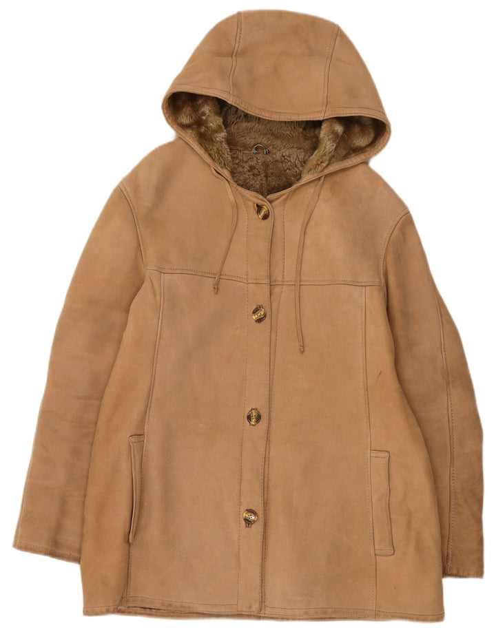 Jachetă din shearling cu glugă vintage pentru femei UK 12 Bej mediu