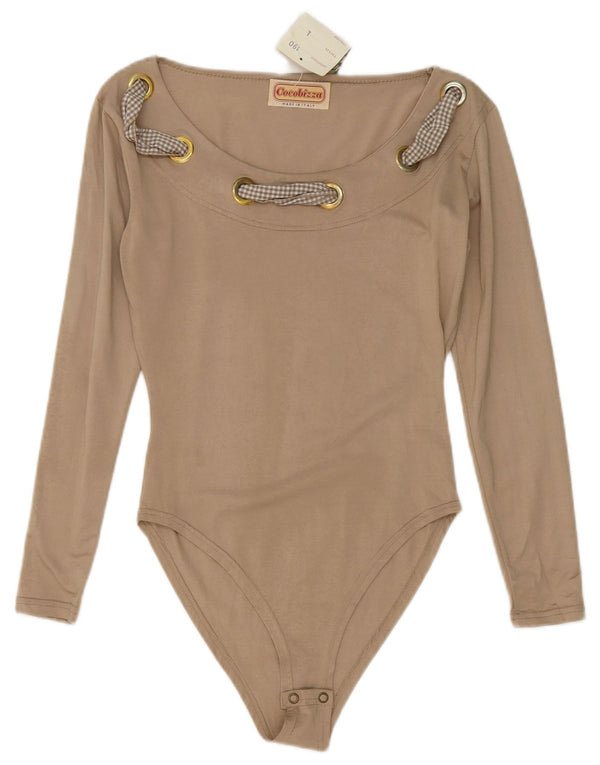 Body vintage pentru femei cu mânecă lungă UK 14 mare, bej, viscoză