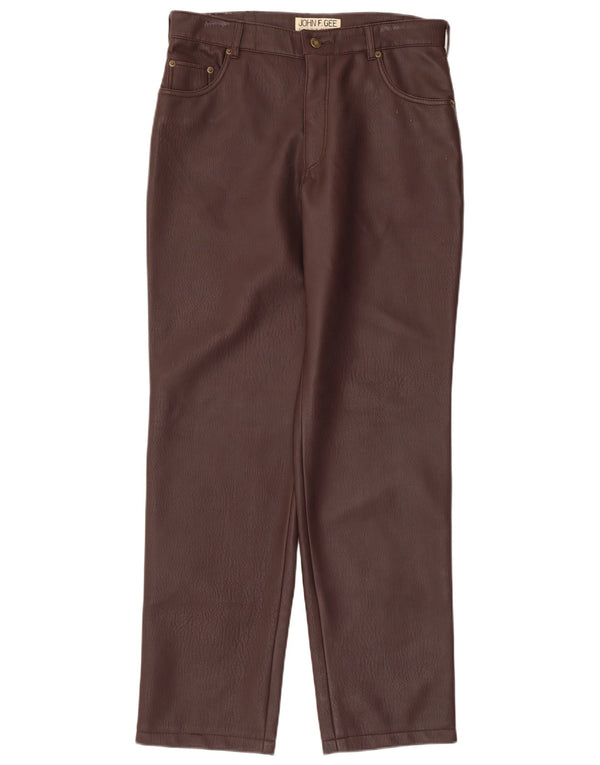 John F Gee Pantaloni drepți din piele artificială pentru bărbați IT 48 Medium W32 L31 Maro