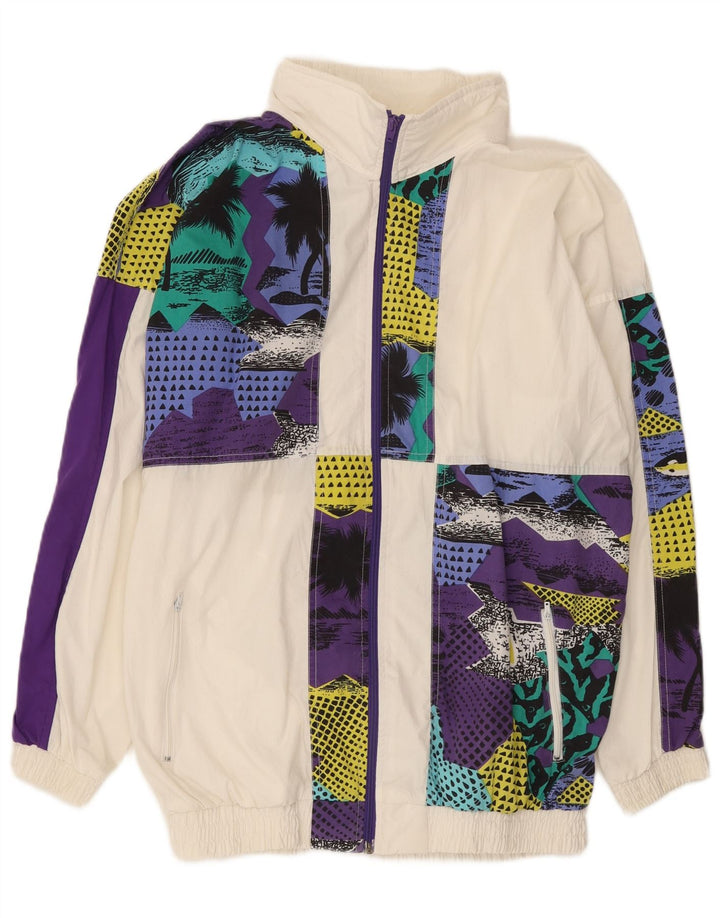 Vintage Mens Tracksuit Top Jacket Large White Patchwork Polyester