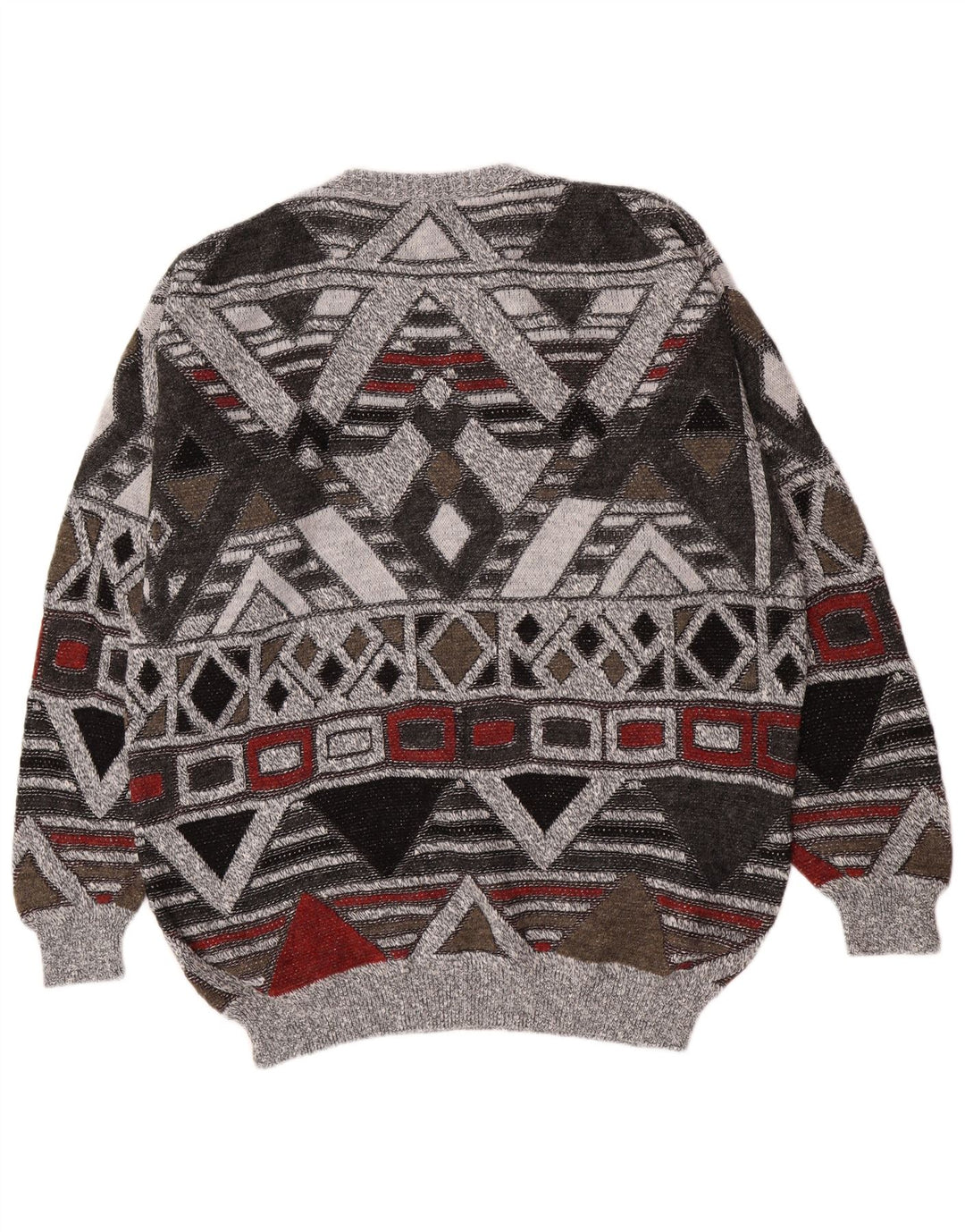 Pulover vintage pentru bărbați cu gât roșu, Marea Britanie 38/40 Medium Gri Geometric