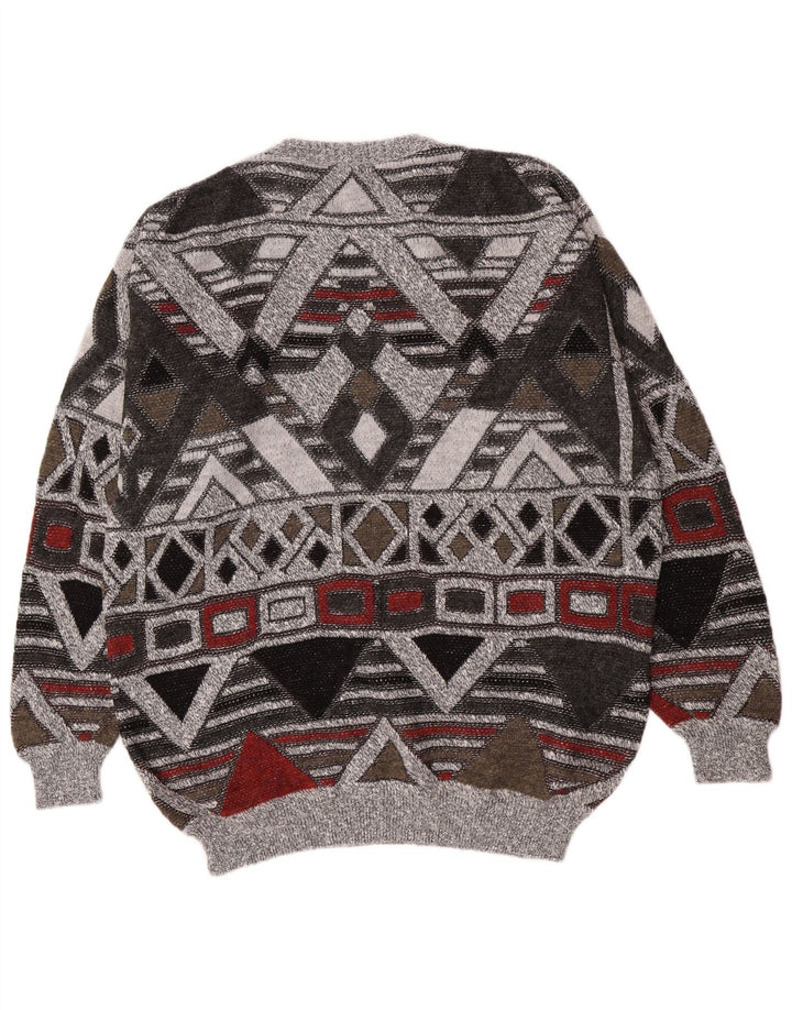 Pulover vintage pentru bărbați cu gât roșu, Marea Britanie 38/40 Medium Gri Geometric