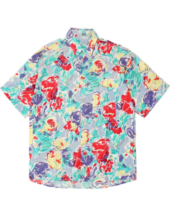 VINTAGE Mens Short Sleeve Shirt Large Blue Floral Vintage Vintage and Second-Hand Vintage from Messina Hembry 