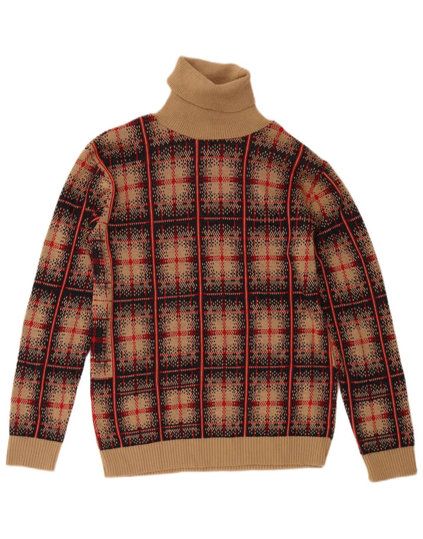 Pulover vintage pentru femei cu gât rulat, UK 18 XL, lână cu carouri maro