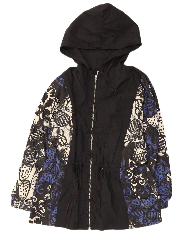 Jachetă parka cu glugă vintage pentru femei cu model abstract EU 38 mediu negru