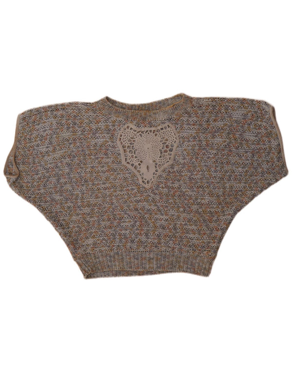 Pulover vintage pentru femei cu grafică cu gât de barcă, UK 14, mare, multicolor
