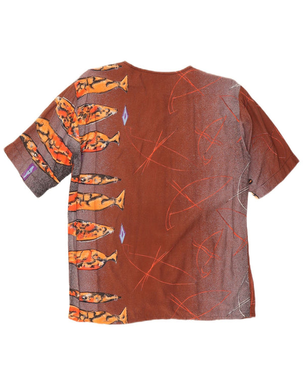 Bluză vintage cu mânecă scurtă pentru femei cu grafică UK 14, maro mare