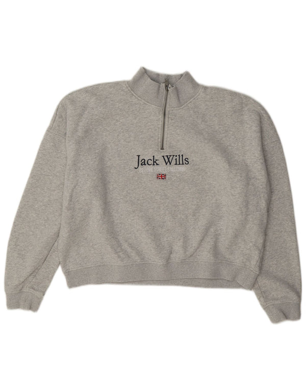 Pulover pentru femei Jack Wills Crop Graphic Gâtul cu fermoar UK 14 Large Gri