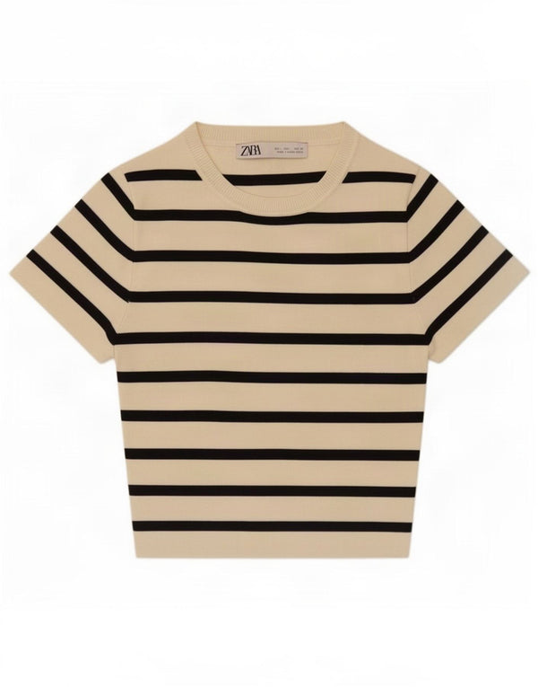 Tricou Crop pentru femei Zara UK 14 mare, în dungi, bej