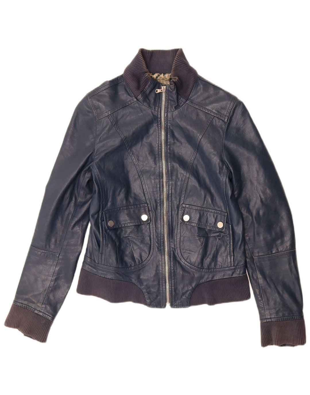 Jachetă de piele vintage pentru femei IT 44 Medium bleumarin din piele
