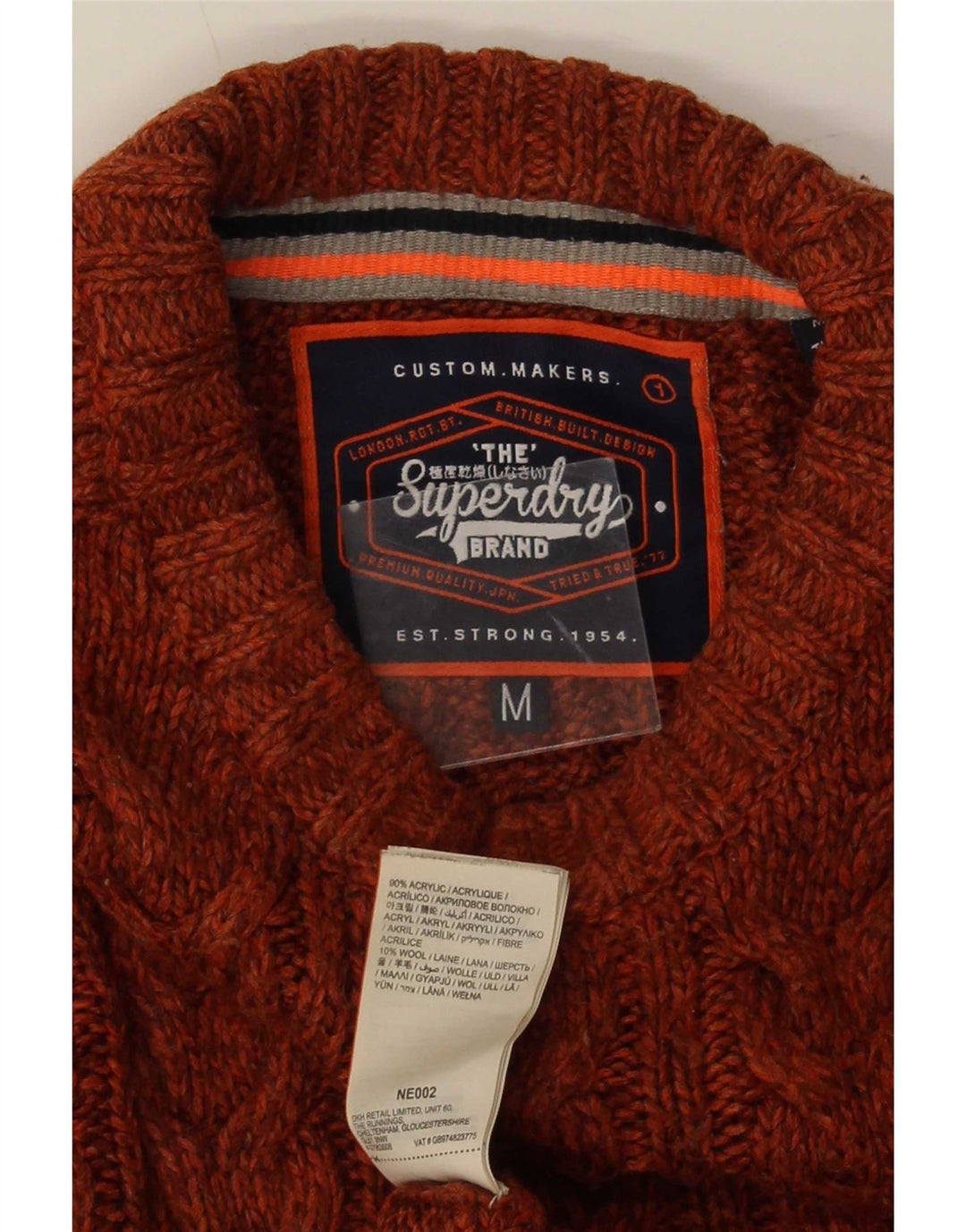 Pulover Superdry pentru bărbați cu decolteu triplu, maro mediu, cu pete acrilice
