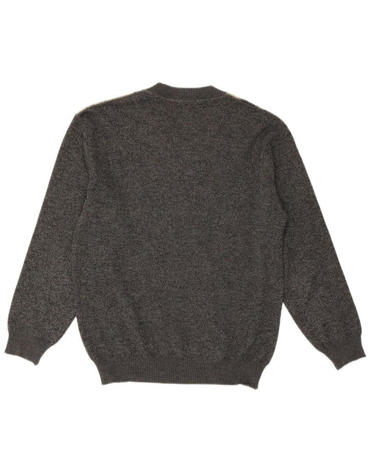 Pulover vintage pentru bărbați cu decolteu în V, lână merinos geometrică, gri mediu