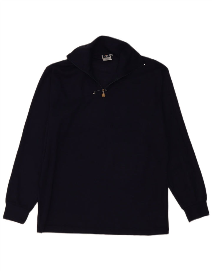 Pulover vintage pentru bărbați, cu fermoar, cu gât, IT 50, lână medie, albastru bleumarin