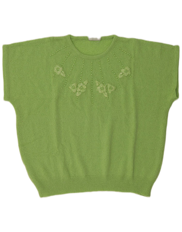 Pulover vintage pentru femei cu mânecă scurtă cu decolteu rotund IT 58 5XL Verde Floral