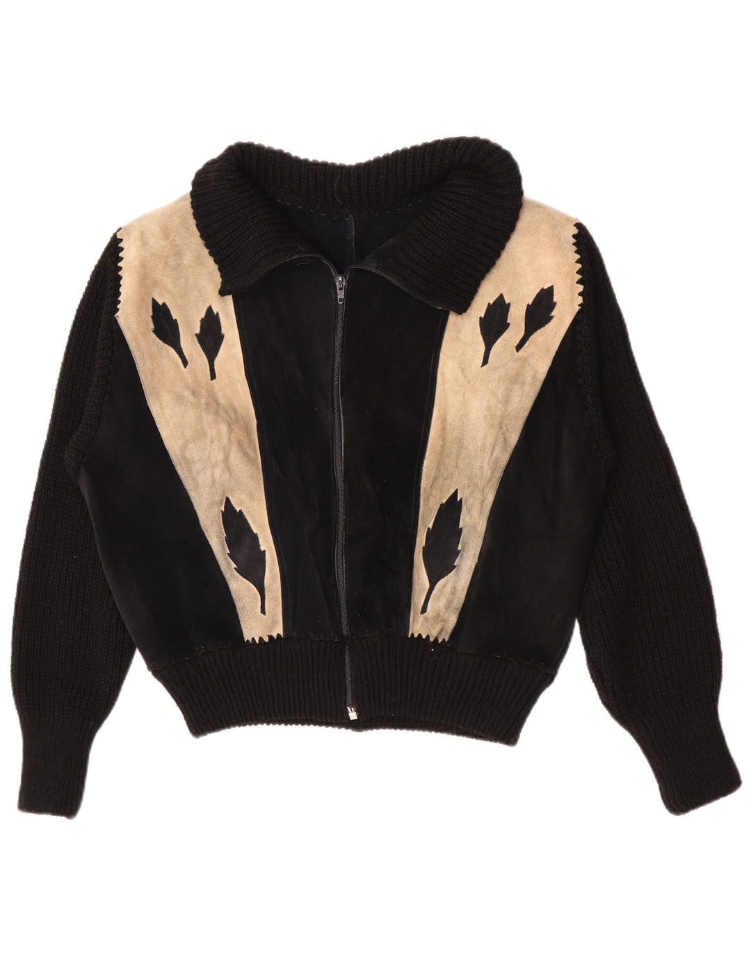 Jachetă vintage Bomber din piele intoarsa pentru femei UK 16, mare, negru, color block