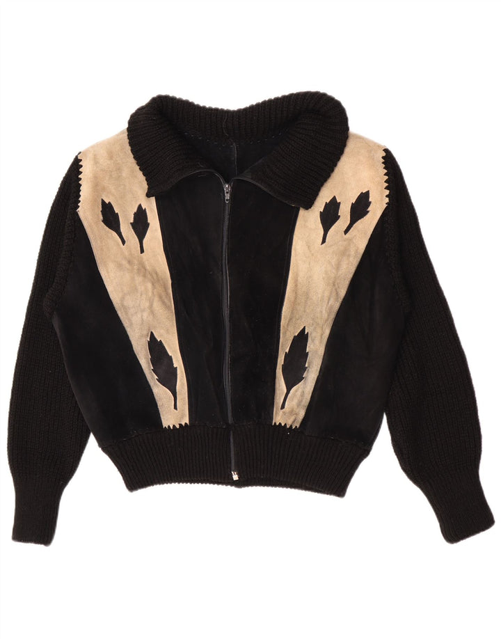 Jachetă vintage Bomber din piele intoarsa pentru femei UK 16, mare, negru, color block