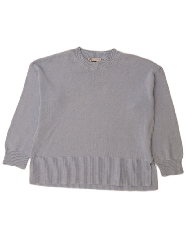 Zara Womens Oversized Crew Neck Jumper Sweater UK 14 Medium Blue Cotton