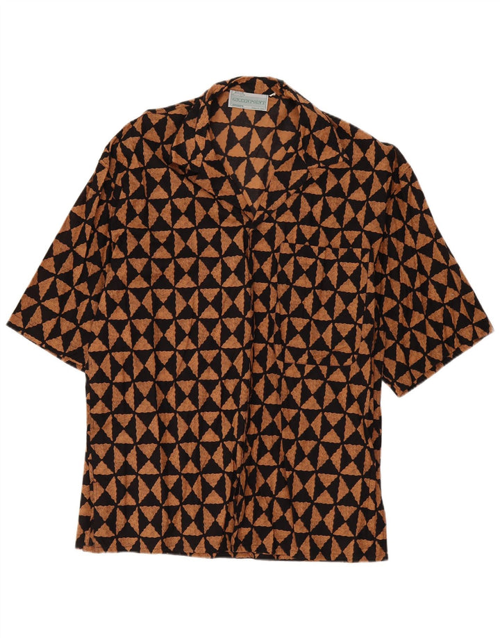 Cămașă vintage pentru bărbați cu mânecă scurtă, bumbac geometric negru mediu
