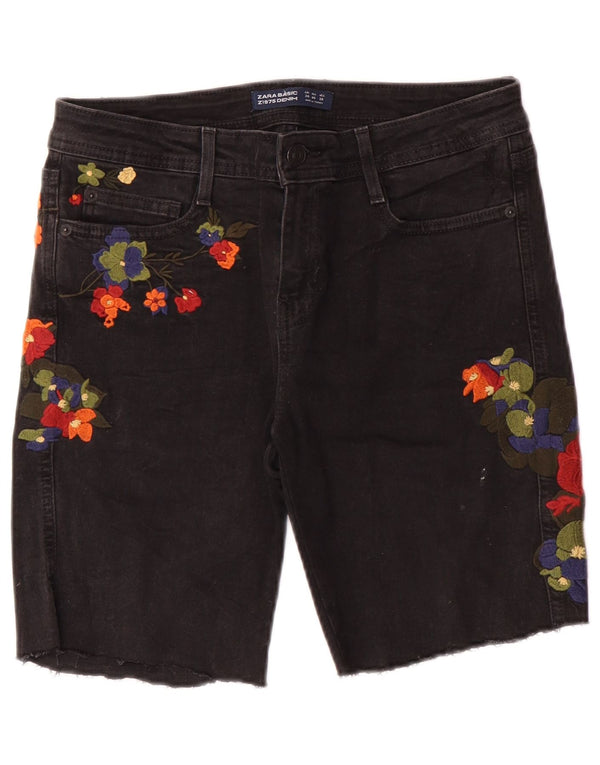 Pantaloni scurți din denim grafic pentru femei Zara EU 38 Small W28 Negru Floral Boem