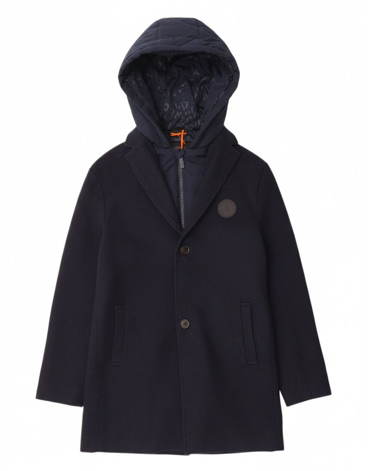 TED BAKER Boys Hooded Overcoat 9-10 Years Navy Blue Polyester