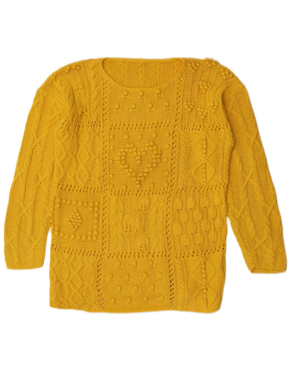 Pulover vintage pentru femei cu gât de barcă din bumbac galben mediu UK 14