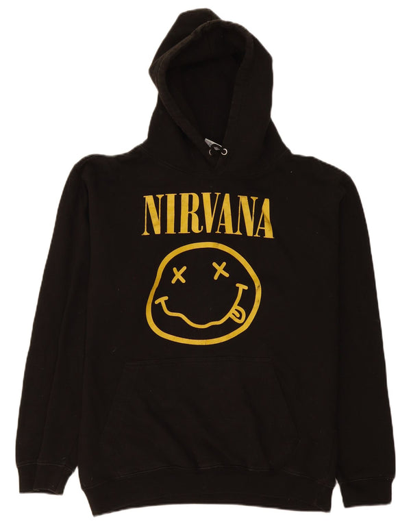 Pulover cu glugă cu grafic Nirvana pentru bărbați vintage, bumbac mediu negru