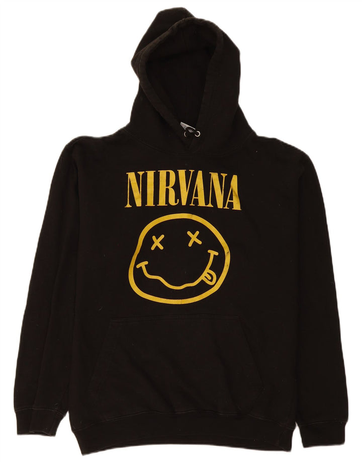 Pulover cu glugă cu grafic Nirvana pentru bărbați vintage, bumbac mediu negru