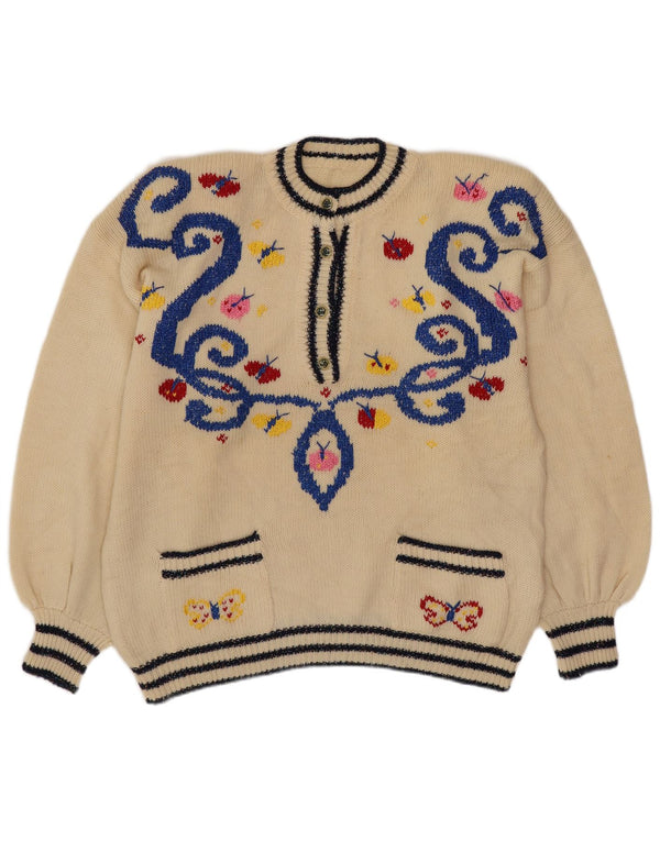 Pulover vintage pentru femei cu decolteu rotund, UK 18 XL, alb deschis, Fair Isle