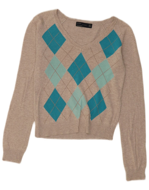 Pulover cu decolteu în V Zara pentru femeie UK 10 mic Bej Argyle/Diamant