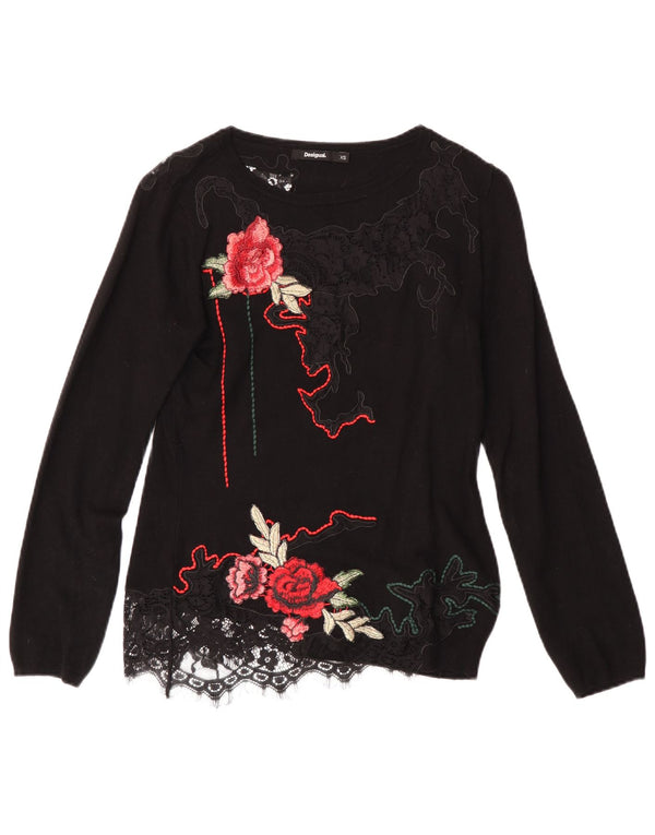 DESIGUAL Pulover cu gât de barcă pentru femei UK 6 XS Negru Floral