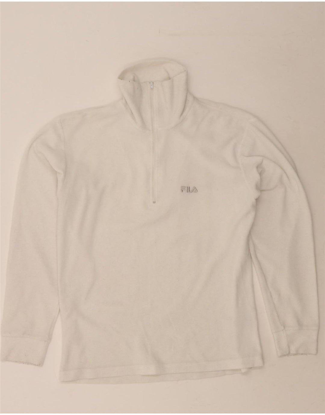 FILA Mens Zip Neck Fleece Jumper Small White Polyester Vintage Fila and Second-Hand Fila from Messina Hembry 