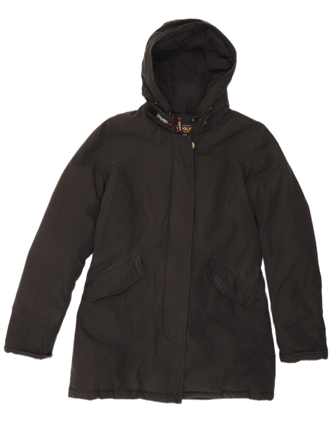 Palton căptușit cu glugă Woolrich pentru femei UK 14, bumbac mediu negru