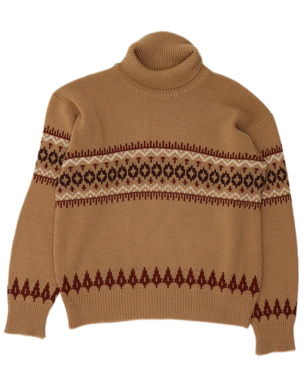 Pulover vintage pentru femei cu gât rulat, UK 14, maro mediu, Fair Isle