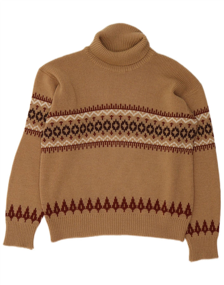 Pulover vintage pentru femei cu gât rulat, UK 14, maro mediu, Fair Isle