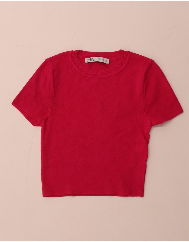 Pulover ZARA pentru damă, cu mânecă scurtă, cu decolteu, mic, roz