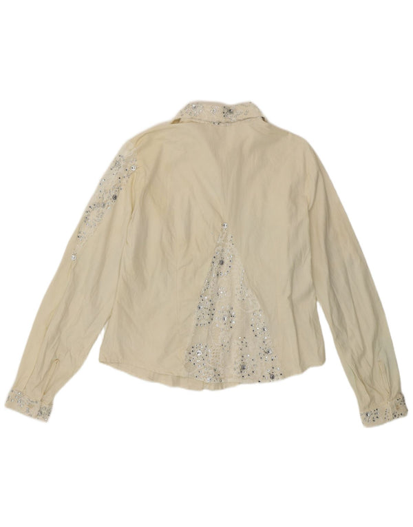 Bluză de cămașă vintage pentru femei UK 12 Medium Off White Floral