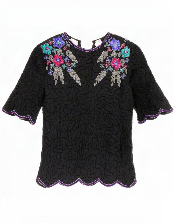 Laurence Kozar Womens Blouse Top UK 14 Large Black Floral Silk