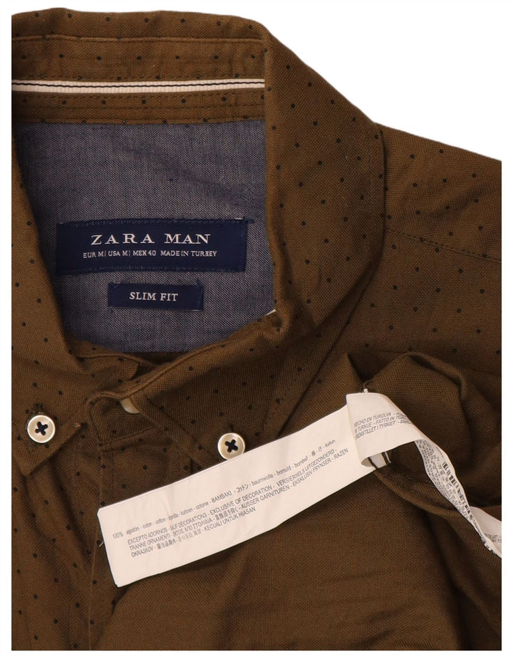 Cămașă pentru bărbați Zara Slim Fit, bumbac cu pete mediu kaki