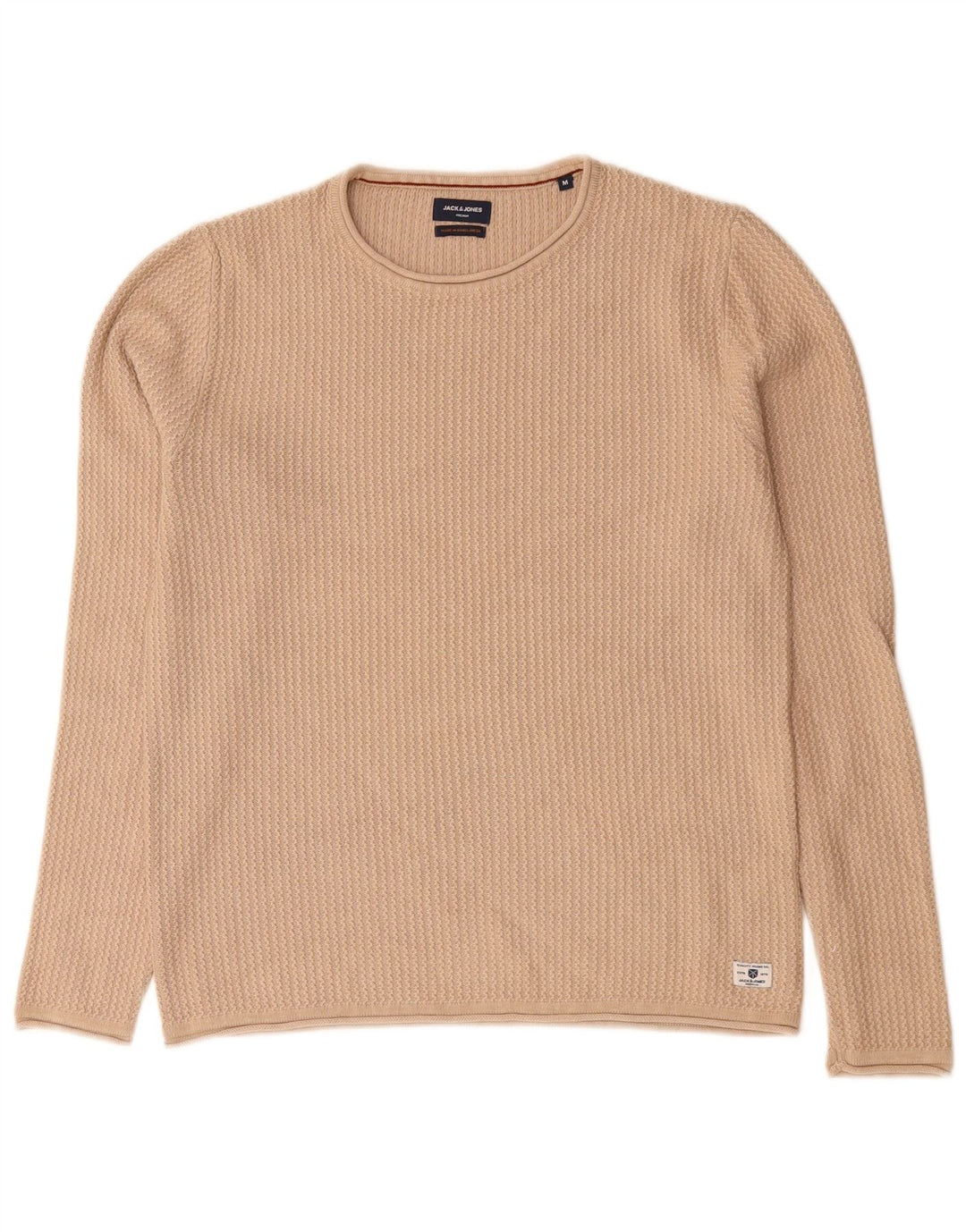 Pulover Jack & Jones pentru bărbați cu gât roșu, bumbac mediu bej