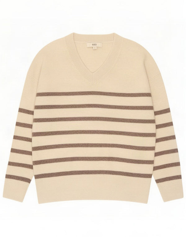 Marks & Spencer Pulover cu decolteu în V pentru femei UK 14 Medium Beige Striped