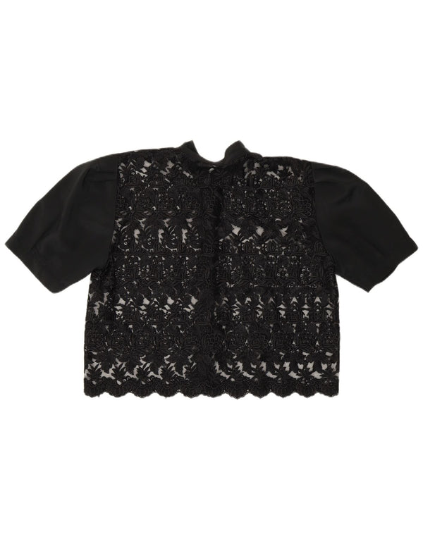 Bluză de cămașă de epocă pentru femei crop See Through UK 14 Medium Black Floral