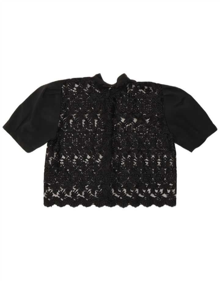 Bluză de cămașă de epocă pentru femei crop See Through UK 14 Medium Black Floral