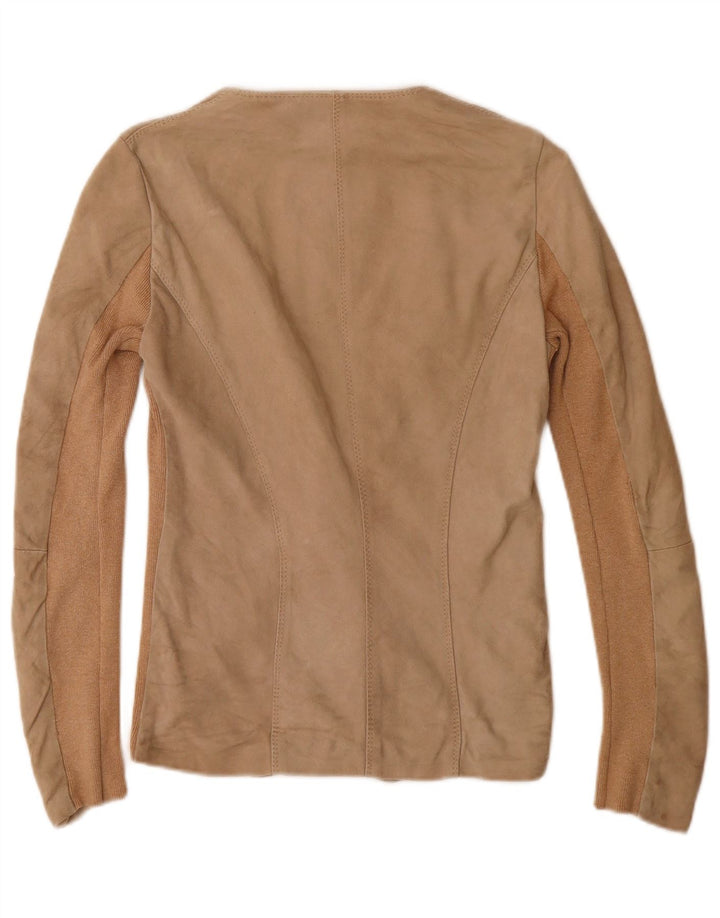Jachetă blazer de piele de căprioară cu 1 nasture, marca comercială, UK 10, Bej, color block