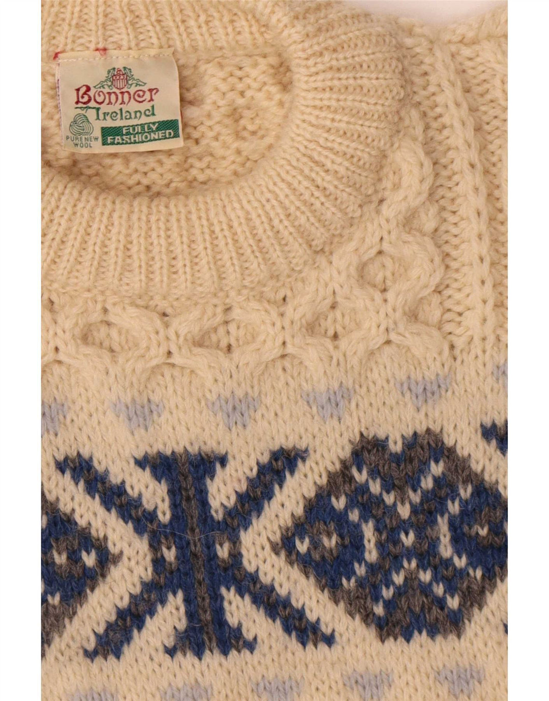 Pulover pentru bărbați Bonner cu gât roșu, lână Fair Isle, bej mare