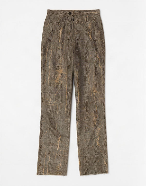 Pantaloni drepți din piele artificială de damă vintage W24 L31 verde animal print